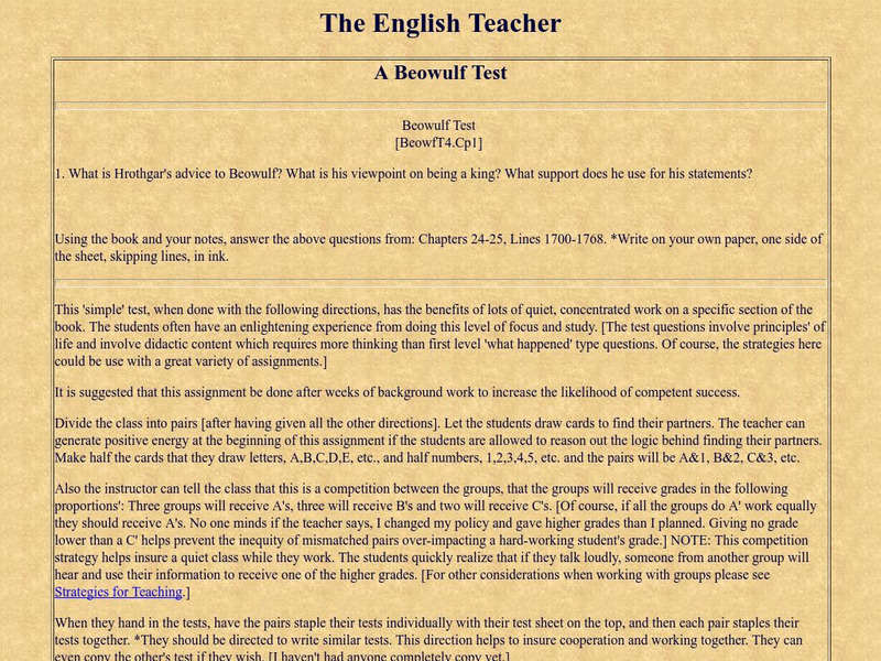 The English Teacher: A Beowulf Test Unknown Type The English Teacher: A Beowulf Test Unknown Type