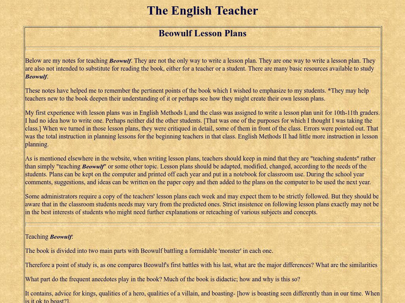 The English Teacher: Beowulf Lesson Plans Lesson Plan The English Teacher: Beowulf Lesson Plans Lesson Plan