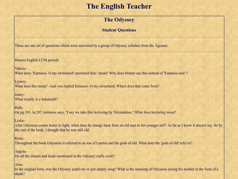 The English Teacher: The Odyssey Student Questions Unit Plan The English Teacher: The Odyssey Student Questions Unit Plan