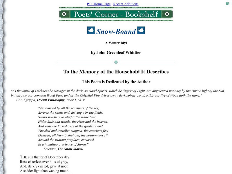 Poets' Corner: John Greenleaf Whittier Snow Bound eBook Poets' Corner: John Greenleaf Whittier Snow Bound eBook