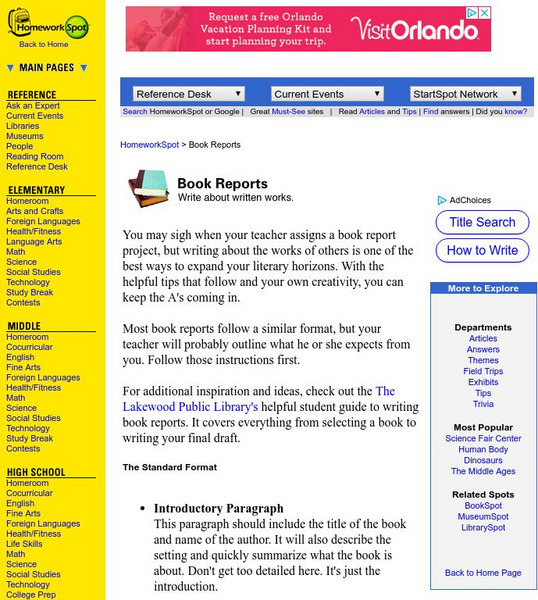 Homework Spot: Book Reports Activity