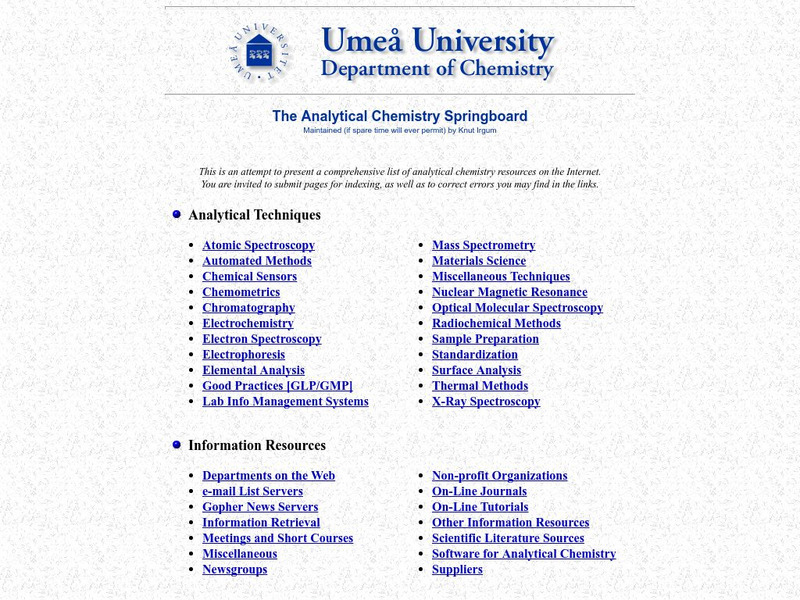 Umea University: The Analytical Chemistry Springboard Handout Umea University: The Analytical Chemistry Springboard Handout