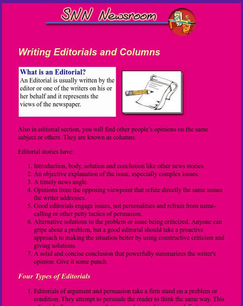 Snn Newsroom: Reporter's Toolbox: Writing Editorials and Columns Handout Snn Newsroom: Reporter's Toolbox: Writing Editorials and Columns Handout