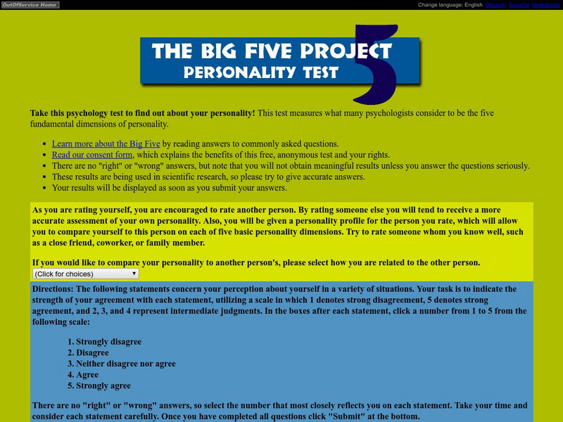 Out of Service: The Big Five Personality Test Unknown Type Out of Service: The Big Five Personality Test Unknown Type