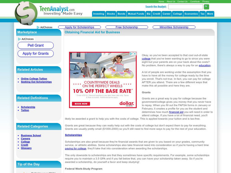 Teen Analyst: Financial Aid Info Handout Teen Analyst: Financial Aid Info Handout