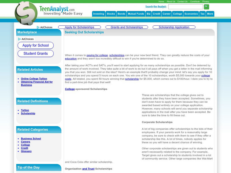 Teen Analyst: Scholarships Handout Teen Analyst: Scholarships Handout