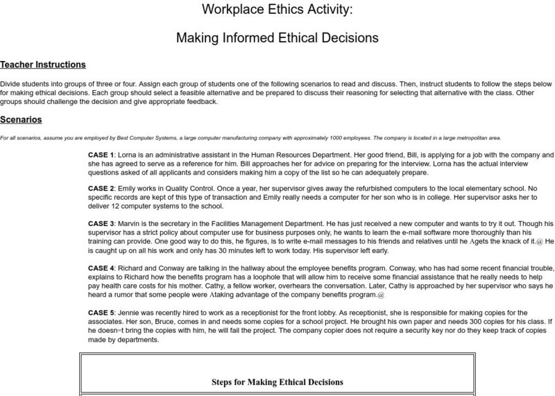 Tonya Skinner: Workplace Ethics Making Informed Decisions Lesson Plan Tonya Skinner: Workplace Ethics Making Informed Decisions Lesson Plan