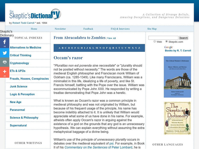 The Skeptic's Dictionary: Occam's Razor Handout The Skeptic's Dictionary: Occam's Razor Handout