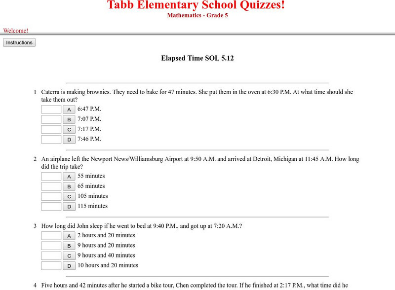 Tabb Elementary School Quizzes: Elapsed Time Unknown Type Tabb Elementary School Quizzes: Elapsed Time Unknown Type