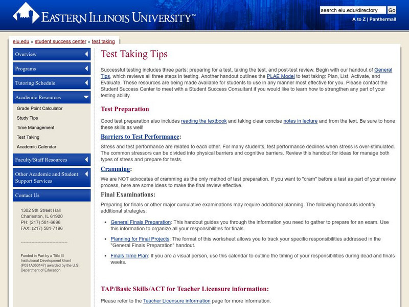 Eastern Illinois University: Taking Tests Website Eastern Illinois University: Taking Tests Website