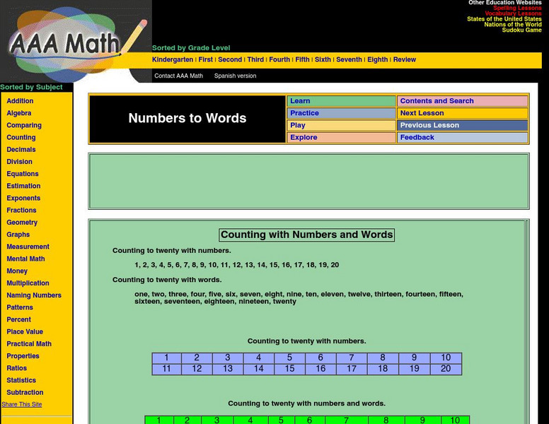 Aaa Math: Counting With Words and Numbers Website Aaa Math: Counting With Words and Numbers Website