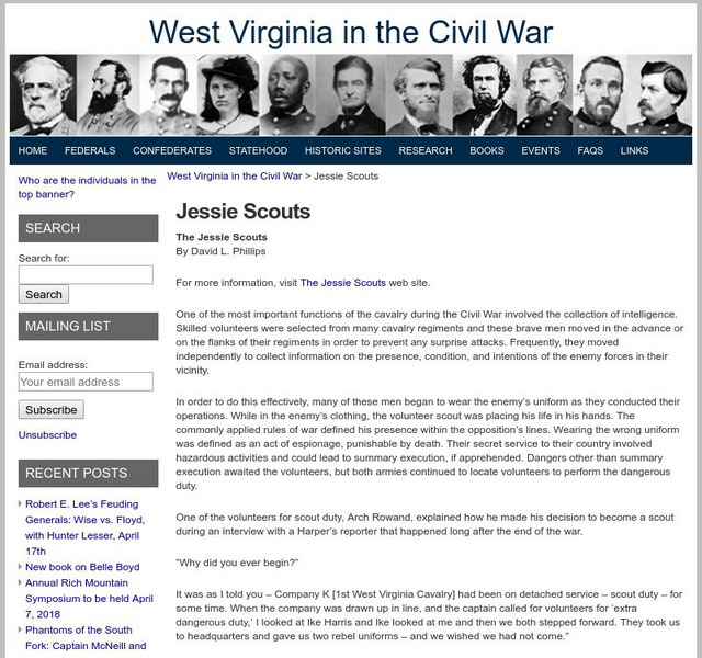 West Virginia in the Civil War: The Jessie Scouts Handout