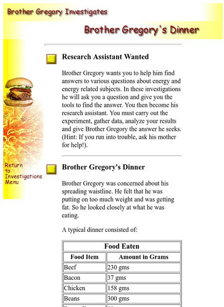 Brother Gregory's Dinner: Food Energy Content Handout Brother Gregory's Dinner: Food Energy Content Handout
