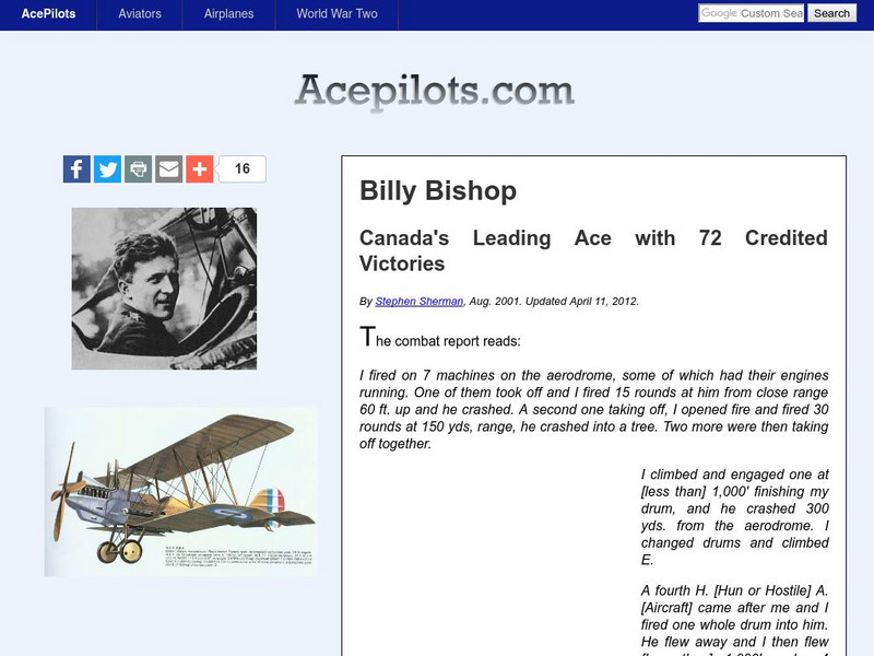 Ace Pilots: Billy Bishop Handout Ace Pilots: Billy Bishop Handout