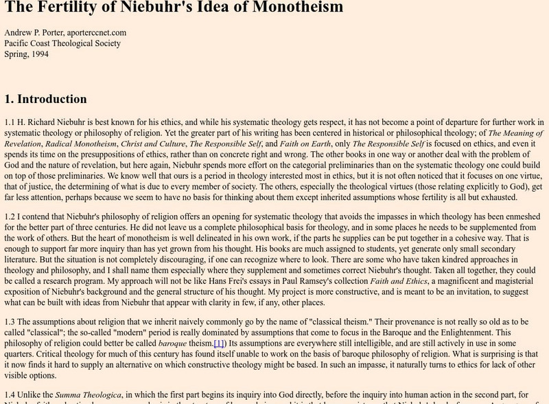 The Fertility of Niebuhr's Idea of Monotheism Article The Fertility of Niebuhr's Idea of Monotheism Article