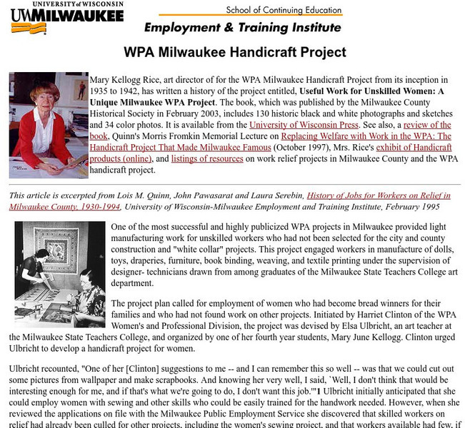 Employment and Training Institute: Wpa Milwaukee Handicraft Project Activity Employment and Training Institute: Wpa Milwaukee Handicraft Project Activity