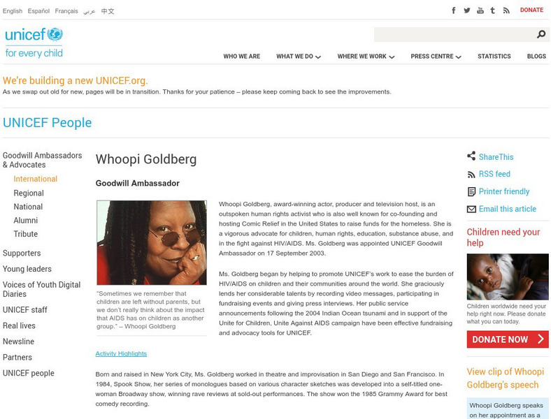 Unicef People: Whoopi Goldberg: Goodwill Ambassador Activity Unicef People: Whoopi Goldberg: Goodwill Ambassador Activity