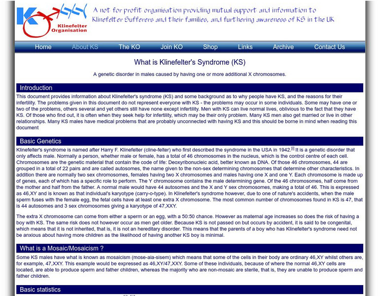 Klinefelter Organisation: About Ks Handout Klinefelter Organisation: About Ks Handout