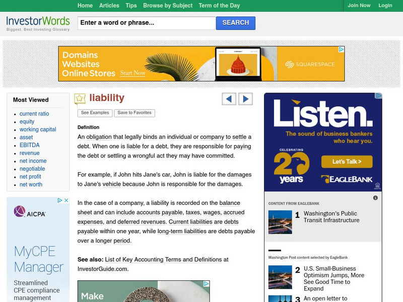 Investor words.com: Liability Definition Handout Investor words.com: Liability Definition Handout