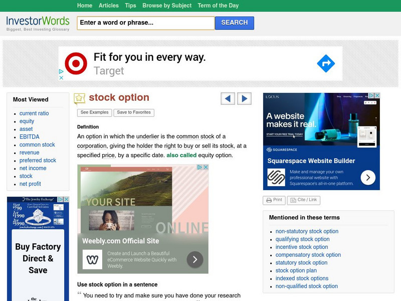 Investorwords: Stock Options Handout Investorwords: Stock Options Handout