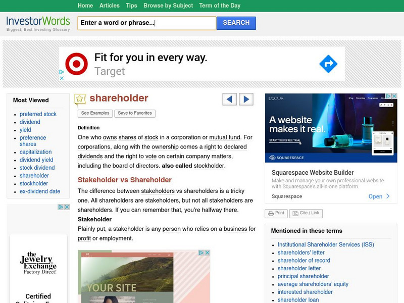 Investorwords: Shareholders Handout Investorwords: Shareholders Handout