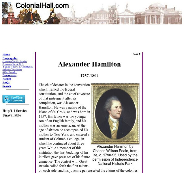 Colonial Hall: Biography of Alexander Hamilton Handout Colonial Hall: Biography of Alexander Hamilton Handout