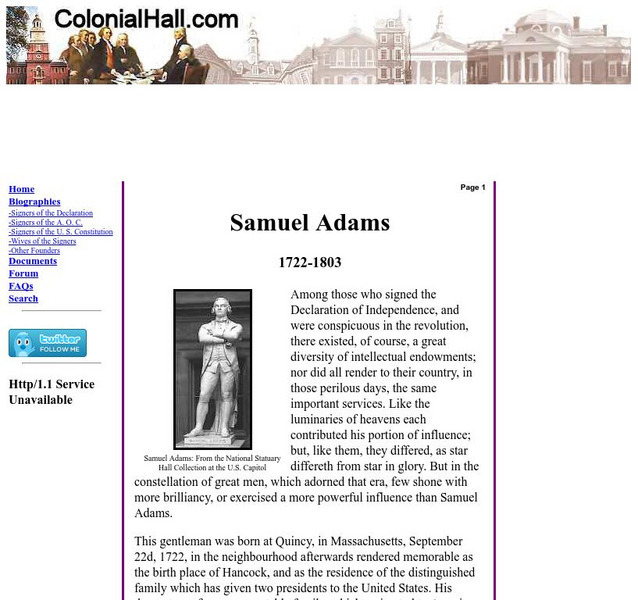 Colonial Hall: Biography of Samuel Adams Handout Colonial Hall: Biography of Samuel Adams Handout