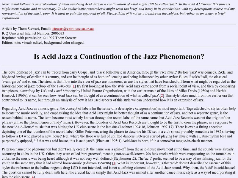 Is Acid Jazz a Continuation of the Jazz Phenomenon? Article Is Acid Jazz a Continuation of the Jazz Phenomenon? Article