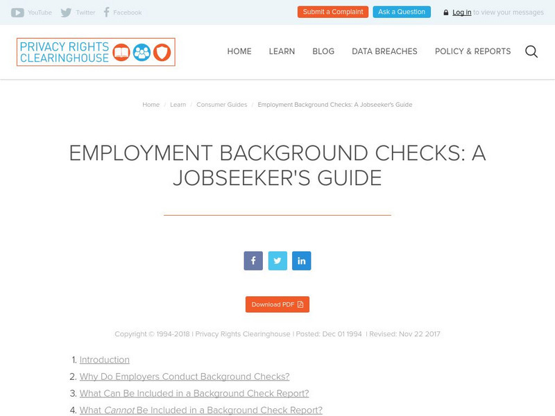 Privacy Rights Clearninghouse: Employment Background Checks Website Privacy Rights Clearninghouse: Employment Background Checks Website