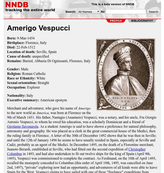 Nndb: Amerigo Vespucci Website Nndb: Amerigo Vespucci Website