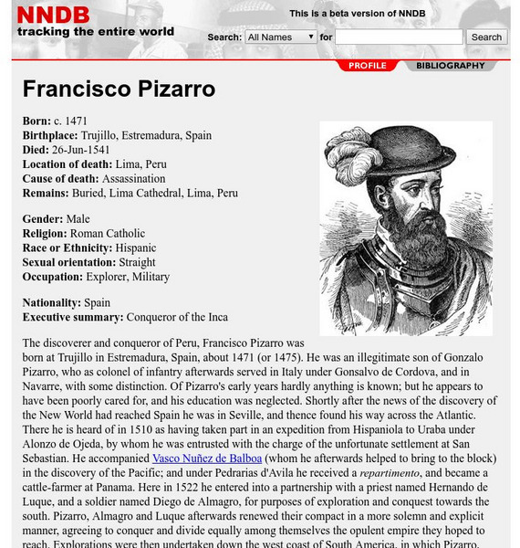 Notable Names Database|nndb: Francisco Pizarro Website
