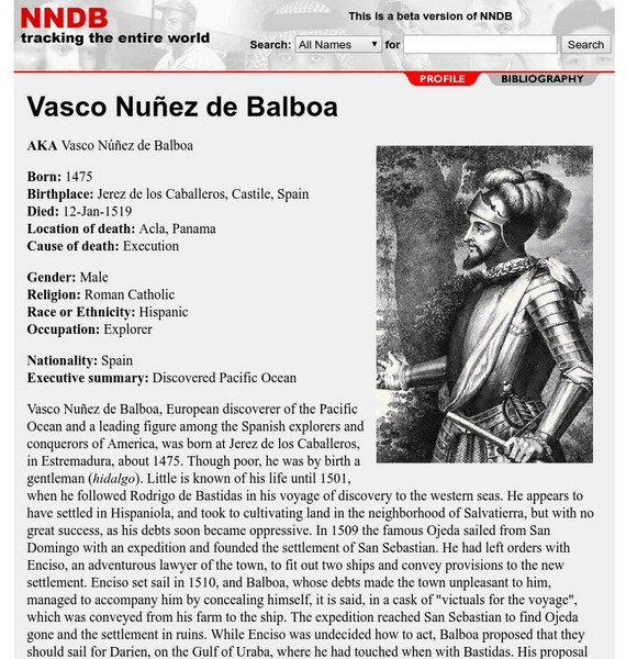 Notable Names Database|nndb: Vasco Nunez De Balboa Website Notable Names Database|nndb: Vasco Nunez De Balboa Website