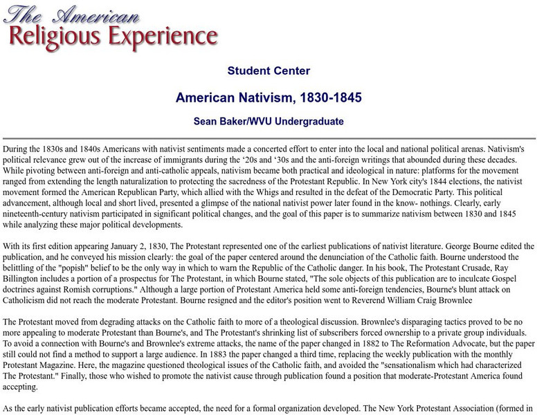 The American Religious Experience: American Nativism 1830 1845 Unknown Type The American Religious Experience: American Nativism 1830 1845 Unknown Type