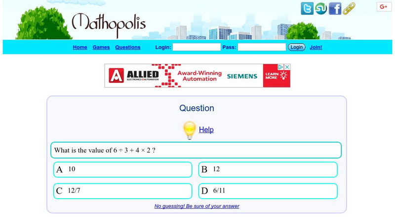 Math Is Fun: Mathopolis: Order of Operations Quiz Unknown Type Math Is Fun: Mathopolis: Order of Operations Quiz Unknown Type