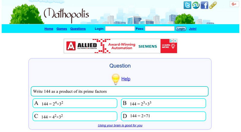 Math Is Fun: Mathopolis: Practice Prime Factorization Unknown Type Math Is Fun: Mathopolis: Practice Prime Factorization Unknown Type