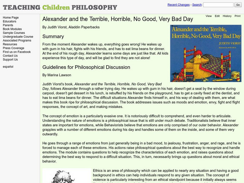 Teaching Children Philosophy: Alexander and the Terrible, by Judith Viorst Lesson Plan Teaching Children Philosophy: Alexander and the Terrible, by Judith Viorst Lesson Plan