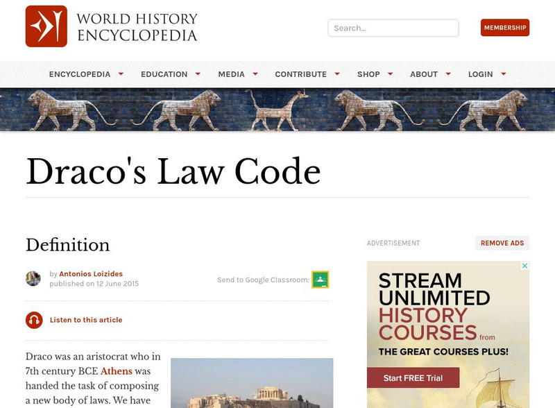 World History Encyclopedia: Draco's Law Code Handout
