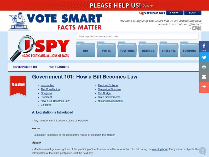 Project Vote Smart: How a Bill Becomes a Law Activity Project Vote Smart: How a Bill Becomes a Law Activity
