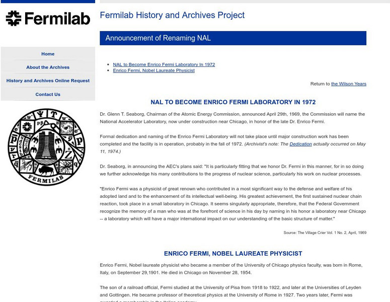 Fermilab: Enrico Fermi Biography Handout Fermilab: Enrico Fermi Biography Handout