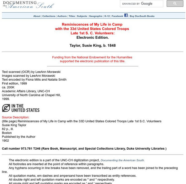 Susie (Baker) King Taylor: Reminiscences of My Life in Camp Primary Susie (Baker) King Taylor: Reminiscences of My Life in Camp Primary