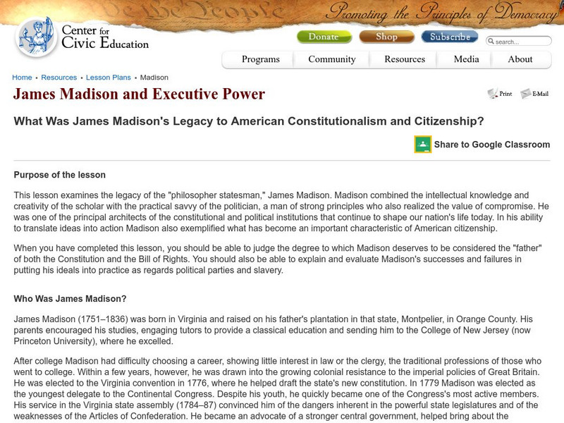 Center for Civic Education: James Madison and Executive Power Lesson Plan Center for Civic Education: James Madison and Executive Power Lesson Plan