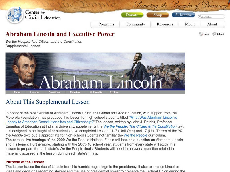 Center for Civic Education: Abraham Lincoln and Executive Power Unit Plan Center for Civic Education: Abraham Lincoln and Executive Power Unit Plan