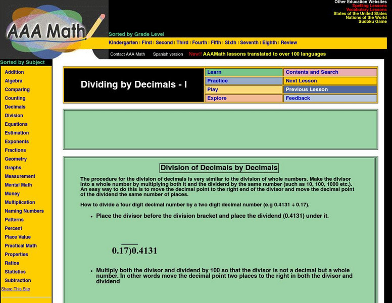 Aaa Math: Dividing Decimals Expanation and Exercises Activity Aaa Math: Dividing Decimals Expanation and Exercises Activity