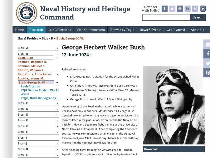 Naval History and Heritage: Lieutenant Junior Grade George Bush, Usnr Handout Naval History and Heritage: Lieutenant Junior Grade George Bush, Usnr Handout