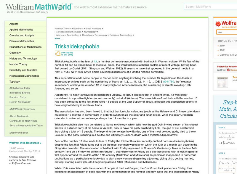 Wolfram Mathworld:triskaidekaphobia Handout Wolfram Mathworld:triskaidekaphobia Handout