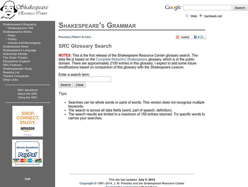 Shakespeare Resource Center: Shakespeare's Grammar Handout Shakespeare Resource Center: Shakespeare's Grammar Handout