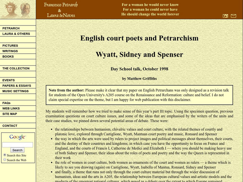 Petrarch: Peter Sadlon: English Court Poets and Petrarchism Article Petrarch: Peter Sadlon: English Court Poets and Petrarchism Article
