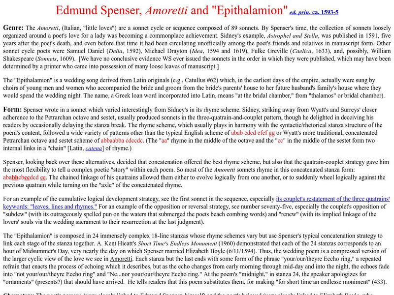 Goucher College: English 211: Edmund Spenser, Amoretti and "Epithalamion" Article Goucher College: English 211: Edmund Spenser, Amoretti and "Epithalamion" Article