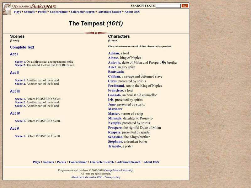 Open Source Shakespeare: The Tempest (1611) Primary