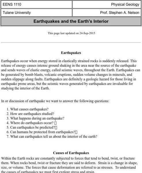 Tulane University: Earthquakes and Earth's Interior eBook Tulane University: Earthquakes and Earth's Interior eBook